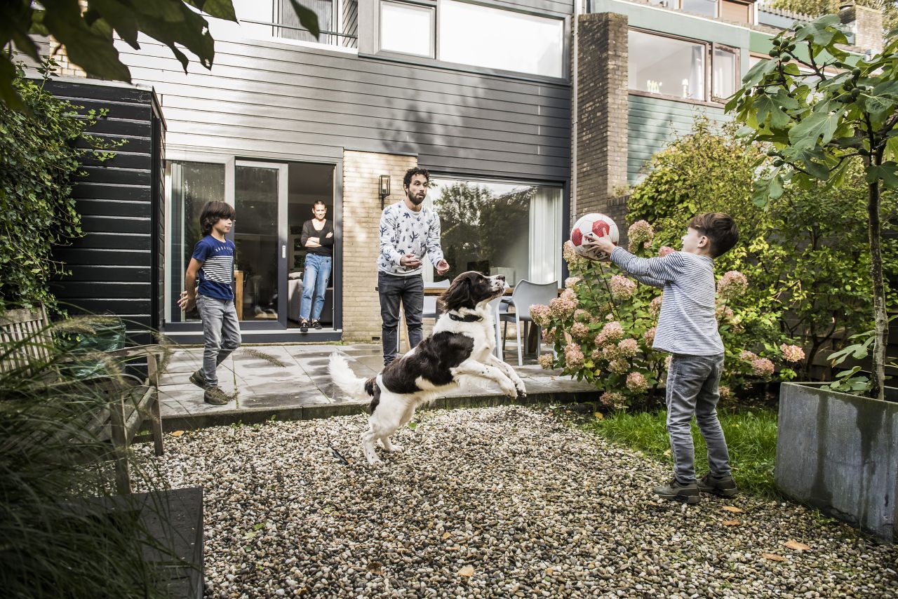 Vader, 2 zoons en hond spelen in de tuin met bal. Moeder kijkt toe.